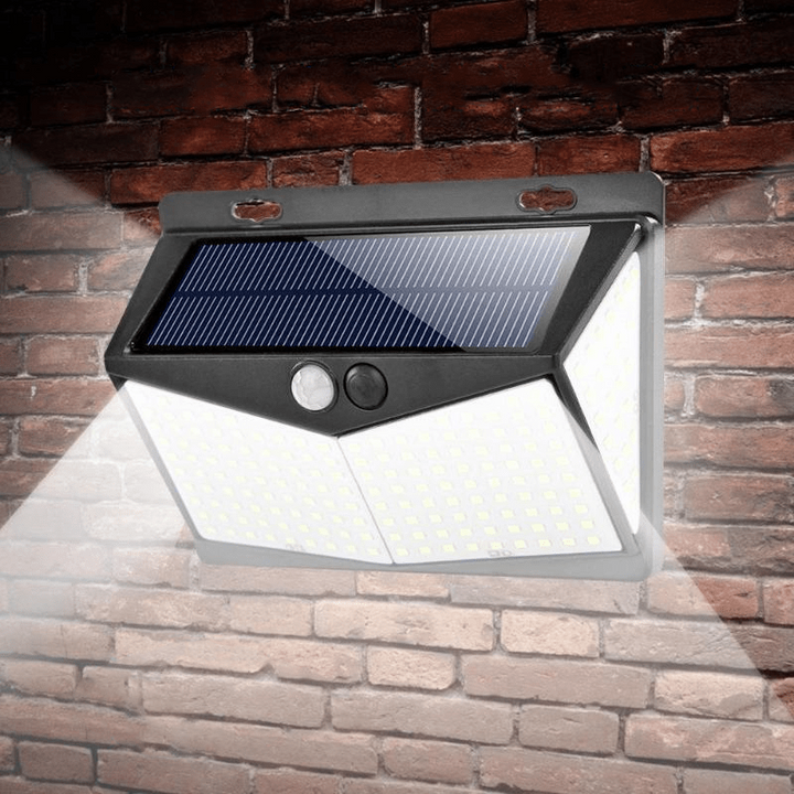 Outdoor solar motion sensor light for home security, bright LED floodlight, energy-efficient.