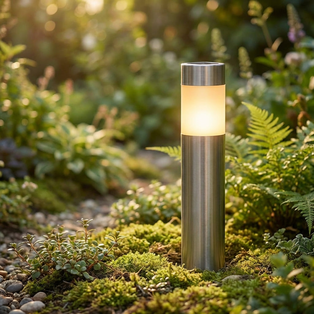 Outdoor solar path light, cylindrical stake lantern for garden decor and illumination.
