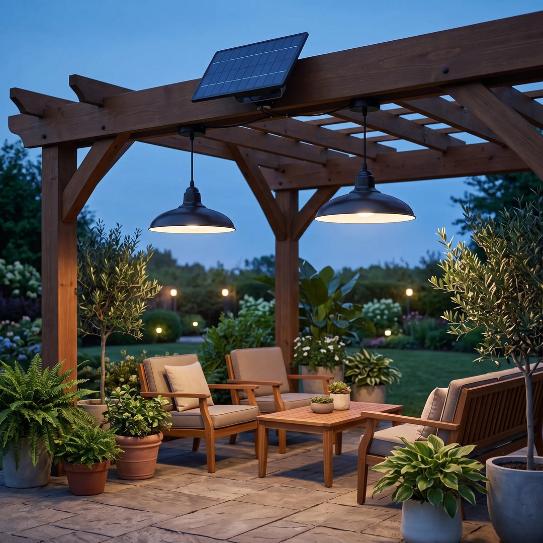 Outdoor solar pendant light, energy-saving garden lighting for patio or shed. Waterproof & remote controlled.