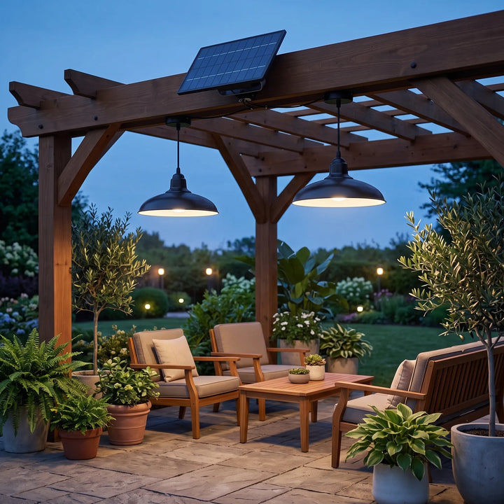 Outdoor solar pendant light, energy-saving garden lighting for patio or shed. Waterproof & remote controlled.