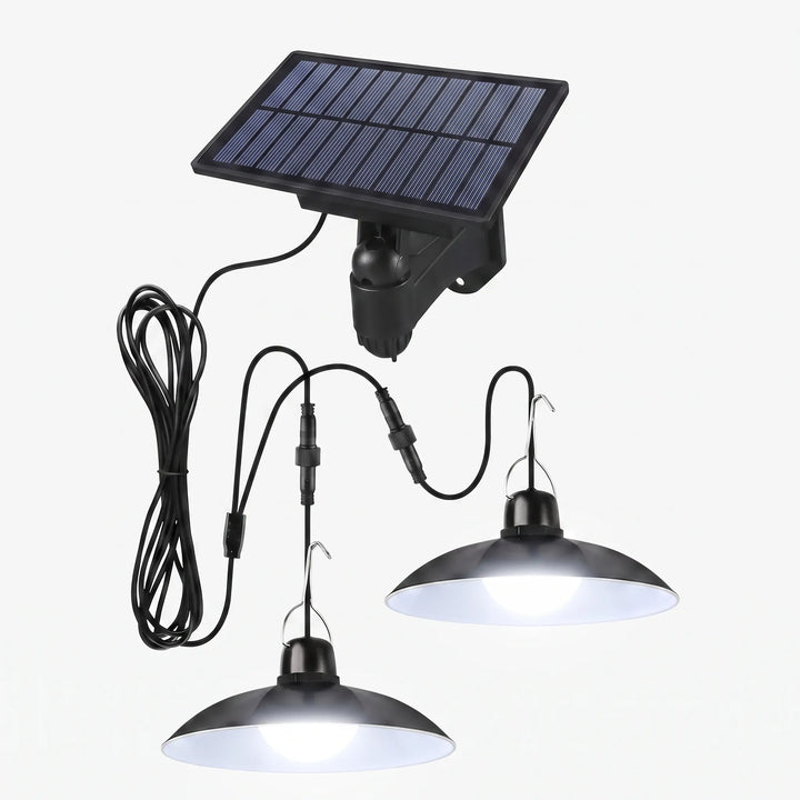 Dual head outdoor solar pendant light, perfect for illuminating gazebos or sheds. Remote control.
