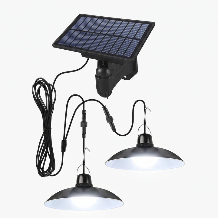 Energy-saving outdoor solar pendant light with remote control. Waterproof for garden or patio use.