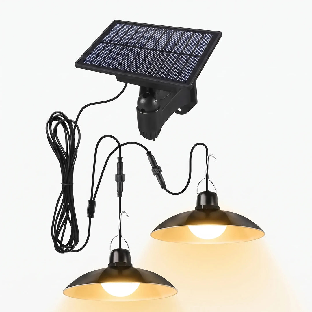 Outdoor solar pendant light illuminating a garden shed at dusk. Waterproof, dual head option.