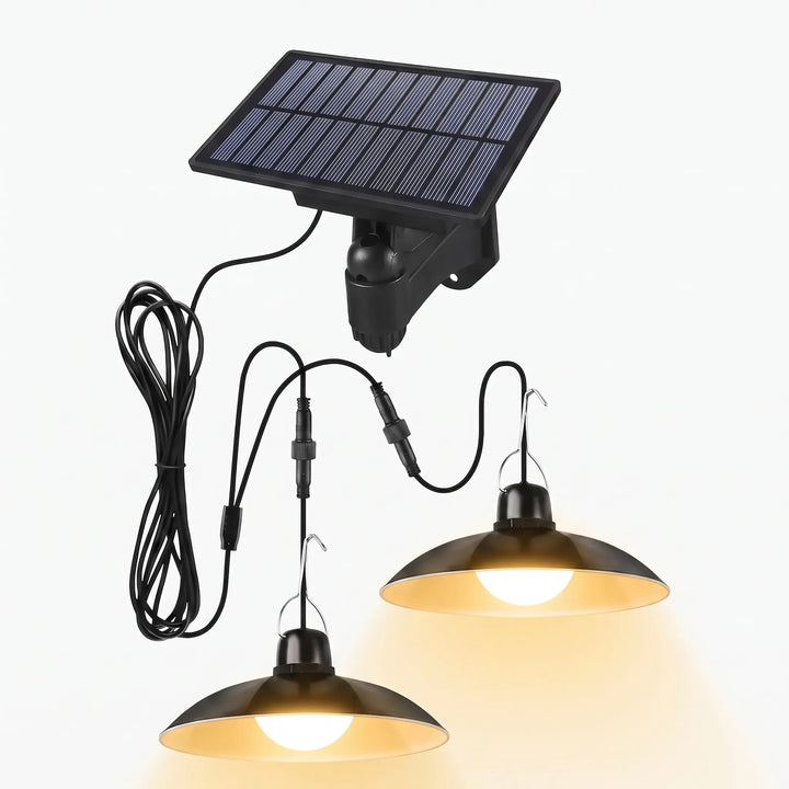 Outdoor solar pendant light illuminating a garden shed at dusk. Waterproof, dual head option.