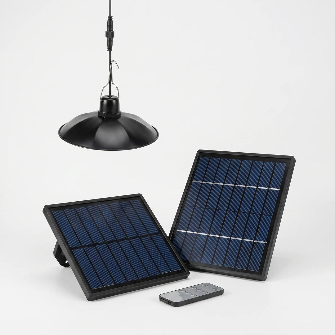 Close-up of outdoor solar pendant light with integrated solar panel, waterproof for garden & patio.