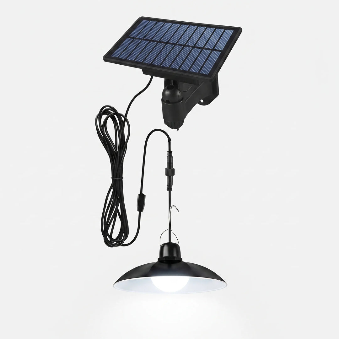 Versatile outdoor solar pendant light for sheds, gazebos, patios. Waterproof & remote-controlled.