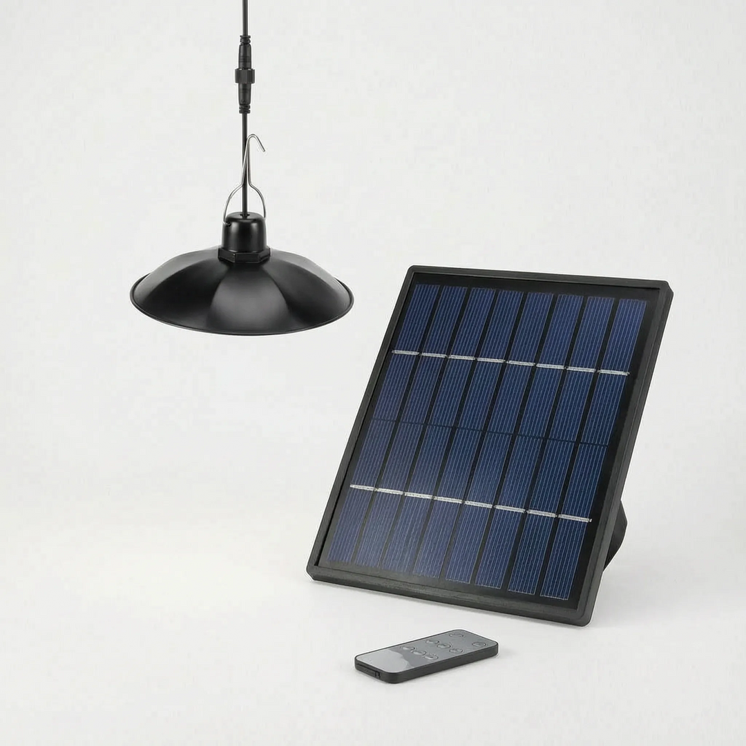 Durable waterproof outdoor solar pendant light, energy-efficient for garden, patio, or shed lighting.