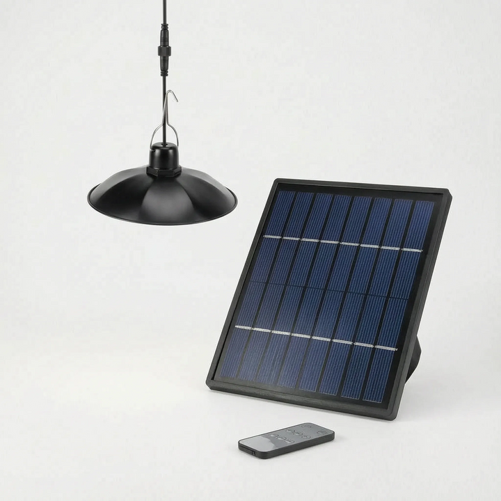 Durable waterproof outdoor solar pendant light, energy-efficient for garden, patio, or shed lighting.