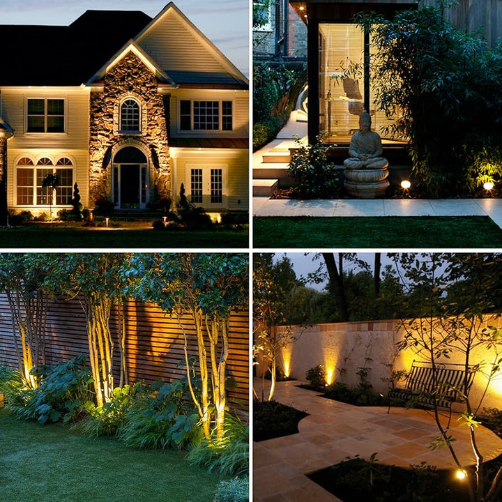Close-up of a black weatherproof solar garden spotlight with bright LED, ideal for outdoor landscape lighting