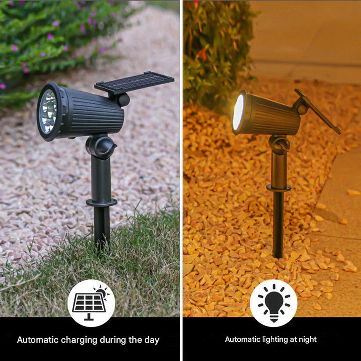 Angle view of a modern solar garden spotlight with ground stake, offering easy installation for outdoor decor