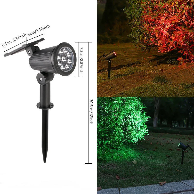 Outdoor solar spot light casting a bright beam on foliage, energy-saving LED for beautiful garden illumination