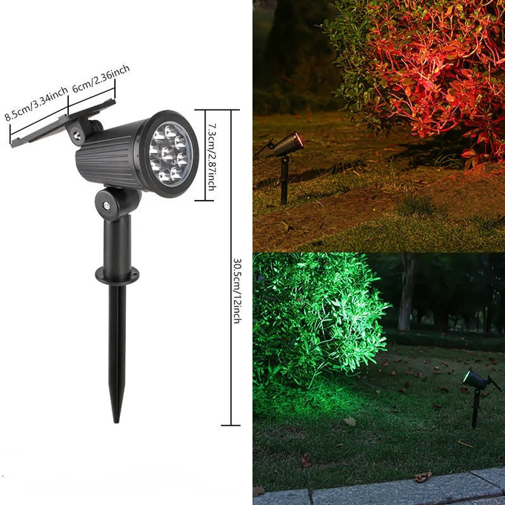 Outdoor solar spot light casting a bright beam on foliage, energy-saving LED for beautiful garden illumination