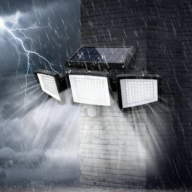 Outdoor solar security light with motion sensor & remote control for home safety. Waterproof LED floodlight.