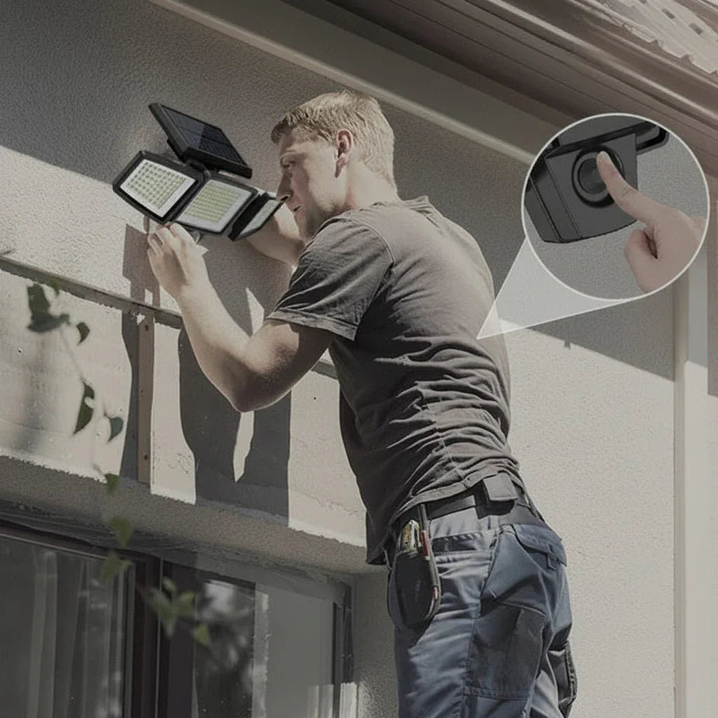 Energy-saving outdoor LED solar security light with motion detection for enhanced home security. Remote controlled.