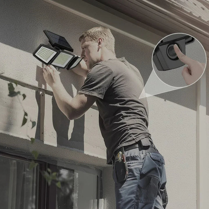 Energy-saving outdoor LED solar security light with motion detection for enhanced home security. Remote controlled.