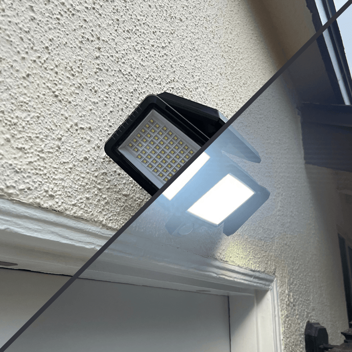 Waterproof outdoor solar floodlight with motion sensor & remote. Bright LED for garden, patio, or driveway security.