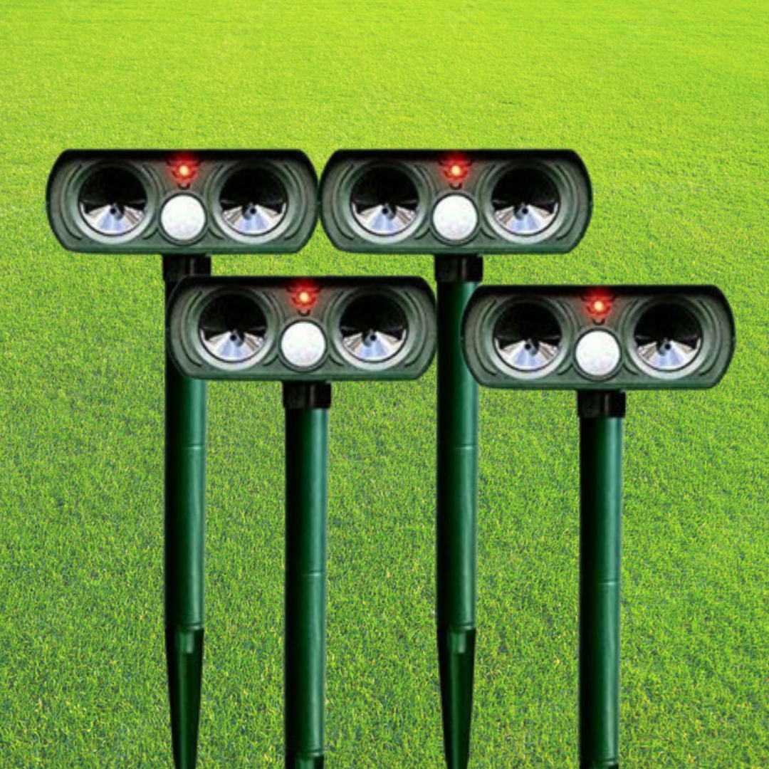 Outdoor solar ultrasonic animal repeller protecting gardens & yards with motion sensor technology.