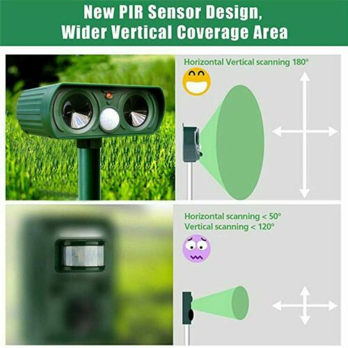 Outdoor solar pest repeller guarding a backyard lawn, using ultrasonic waves to deter wildlife humanely.