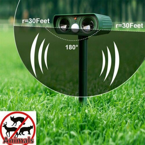 Eco-friendly solar ultrasonic animal repeller for garden protection, powered by sun, no batteries required.