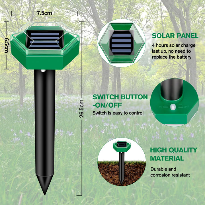 Solar powered ultrasonic mole & gopher deterrent, offering humane outdoor yard defense.