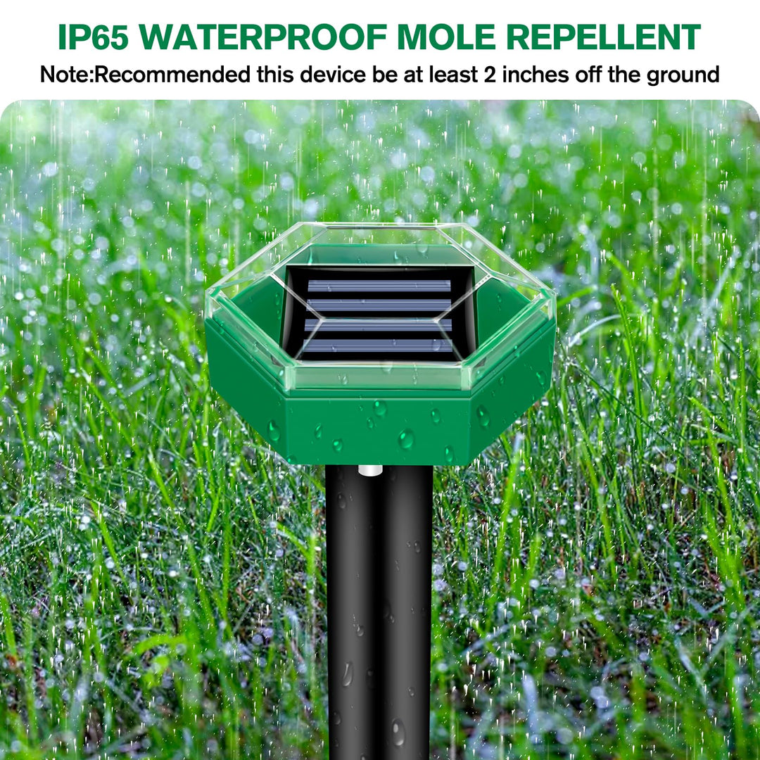 4-pack outdoor solar ultrasonic pest repeller designed for moles and gophers in gardens.
