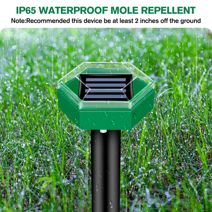 4-pack outdoor solar ultrasonic pest repeller designed for moles and gophers in gardens.
