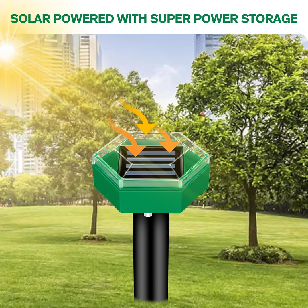 Humane solar ultrasonic mole repellent providing comprehensive garden and yard protection.