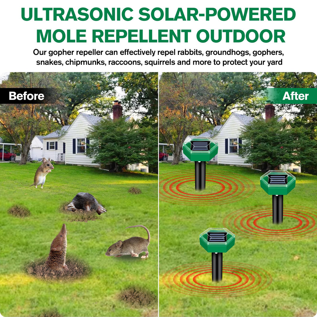 Set of 4 solar ultrasonic mole repellents for complete and eco-friendly garden pest control.