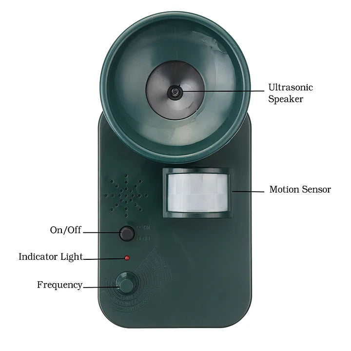 9V DC cordless ultrasonic repeller, providing safe and effective outdoor animal and pest deterrence.