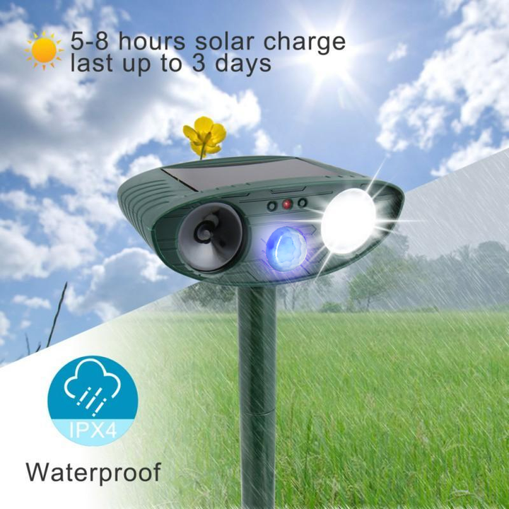 Solar-powered outdoor deer repeller, provides humane ultrasonic pest control for yard safeguard.