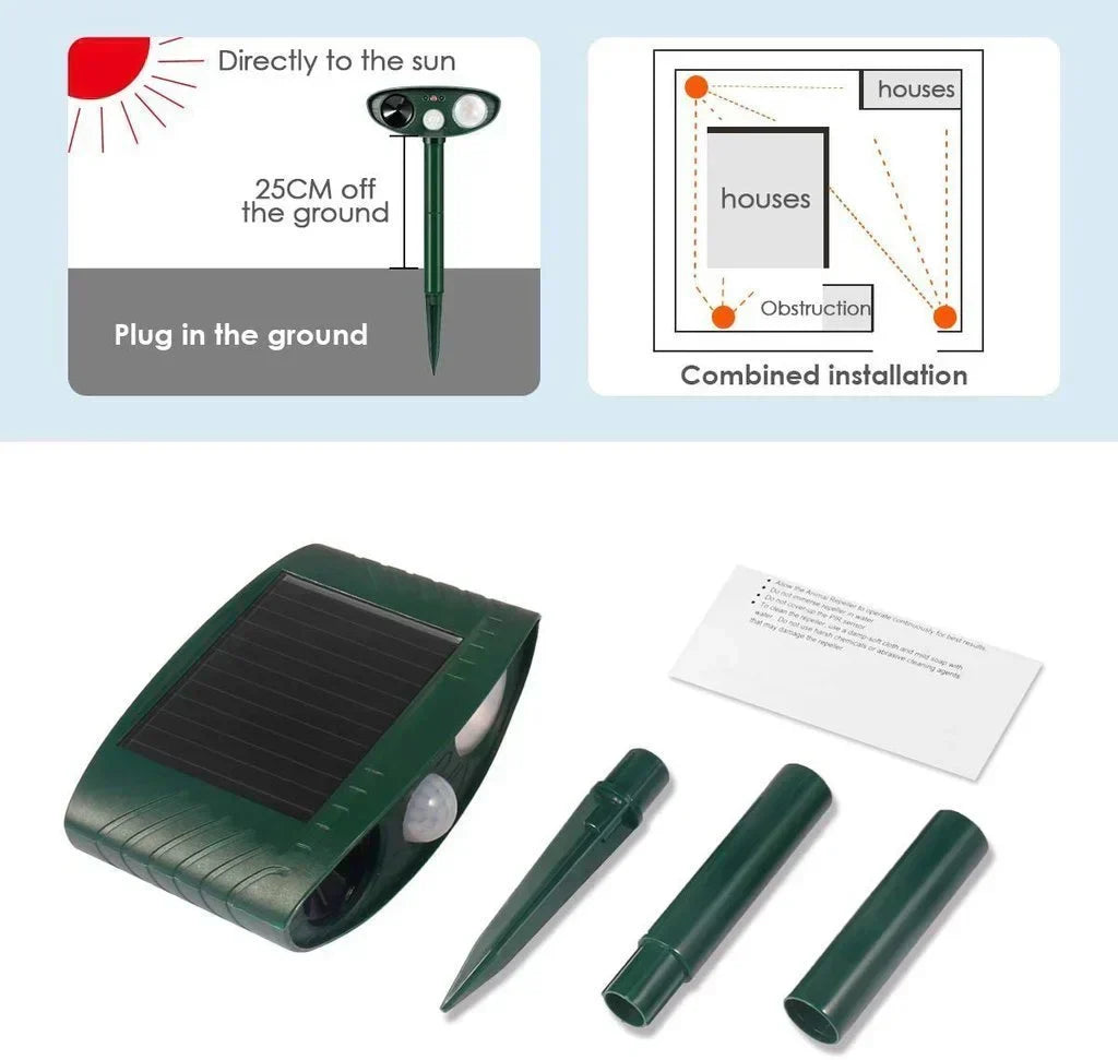 Yard safeguard: humane ultrasonic deer repeller, solar-powered for continuous garden protection.