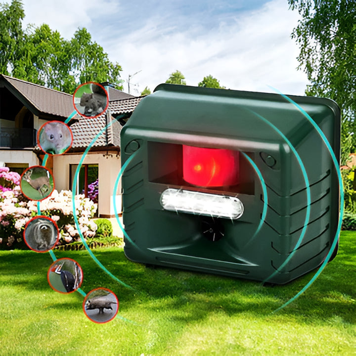 Outdoor ultrasonic woodpecker repeller, humane pest deterrent for garden & yard protection.