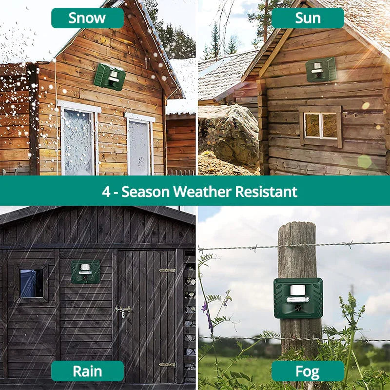 Solar-powered, motion-activated ultrasonic repeller for humane woodpecker and animal pest control outdoors.