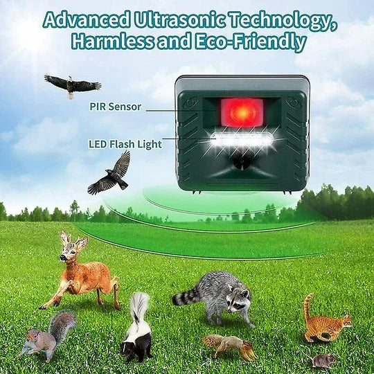 Solar-powered ultrasonic woodpecker repeller, eco-friendly deterrent for outdoor pest control in yard.
