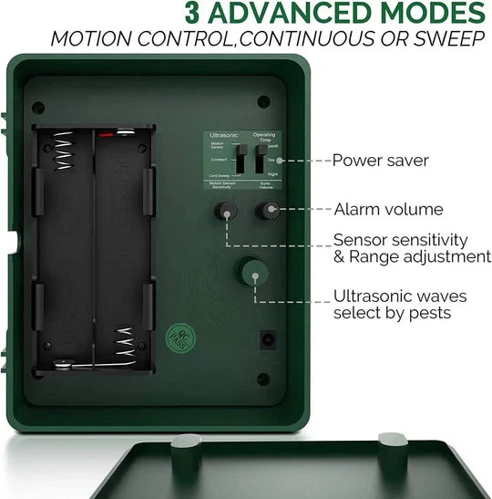 Compact outdoor ultrasonic woodpecker deterrent, easy-to-install for humane bird control in yards.