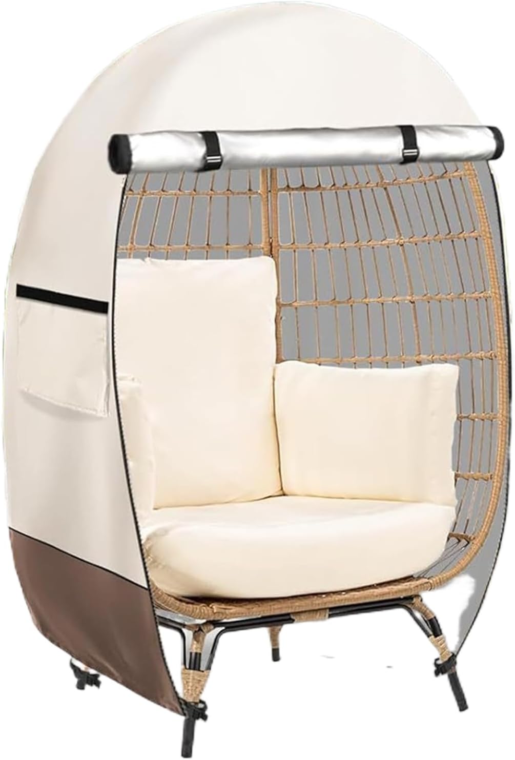 Outdoor waterproof egg chair cover in black, showing double zipper for easy access.
