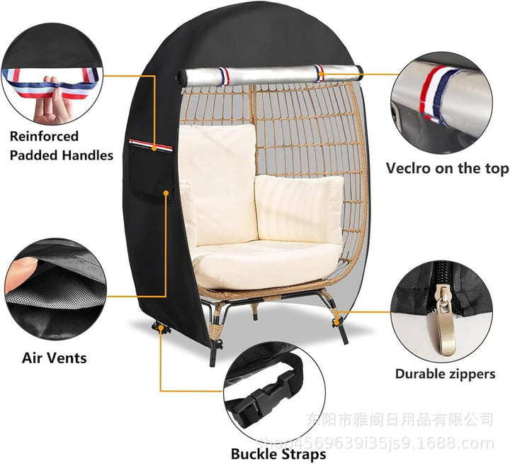 Black egg chair cover, double zipper, waterproof, providing comprehensive weather resistance.