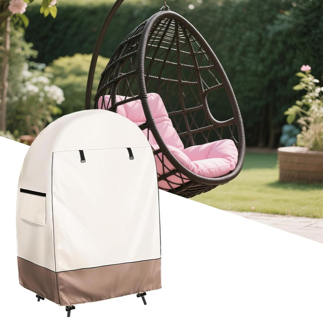 Durable waterproof egg chair cover, black, with double zipper, shielding garden furniture from elements.