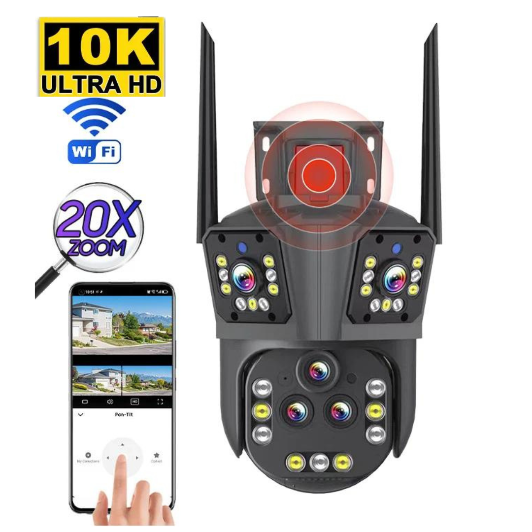 Home security outdoor WiFi camera with 20MP, 20x zoom, for clear surveillance & two-way audio.