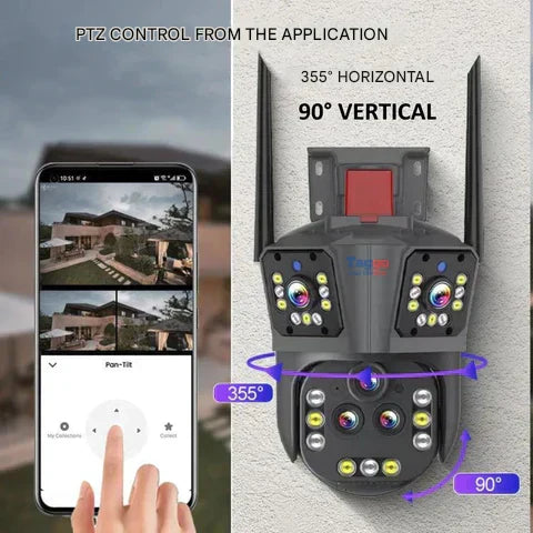 Weatherproof outdoor WiFi camera for home security, 20MP, 20x zoom, with night vision capability.