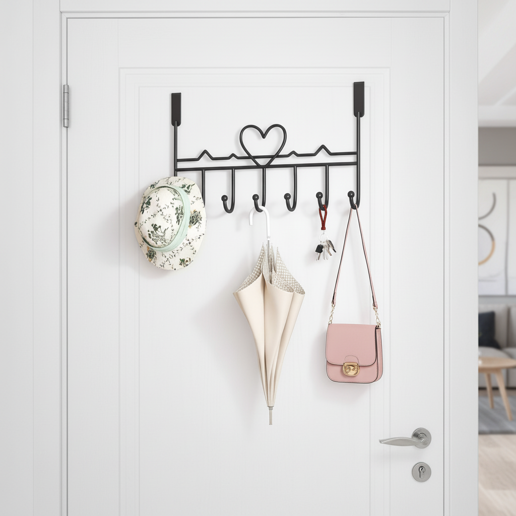 Space-saving over-the-door metal hook; a convenient solution for hanging clothes and accessories