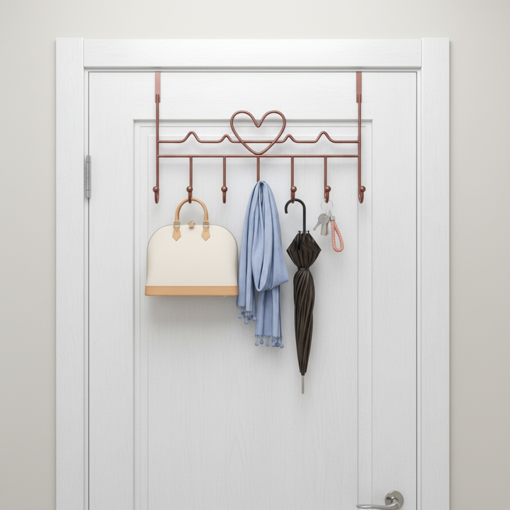 Stylish over-the-door metal coat hook, ideal for small spaces, enhances home organization