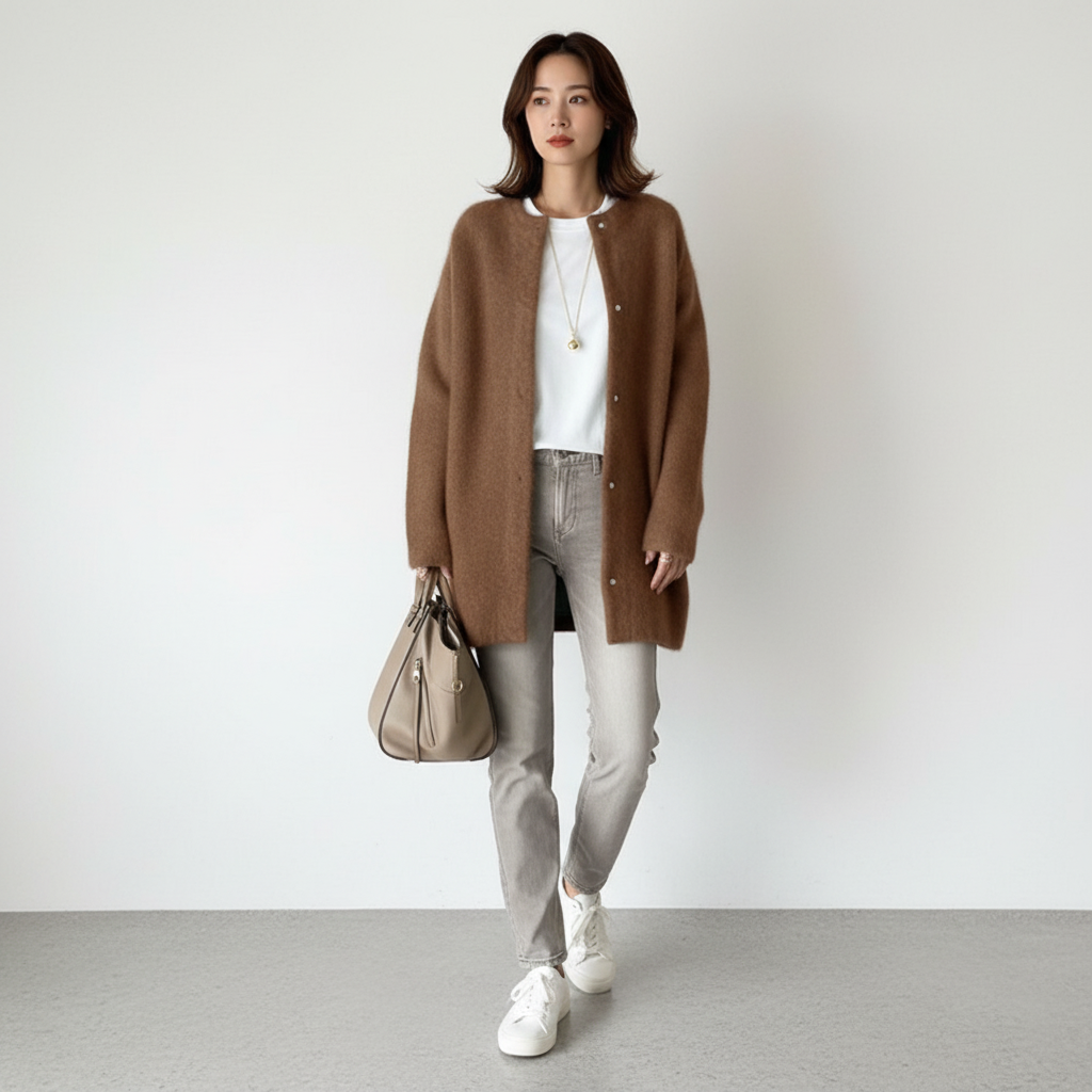 Chic oversized button-up cardigan sweater for women in a neutral tone