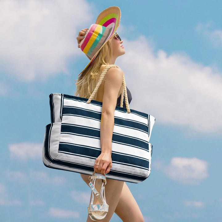 Chic waterproof beach tote, sandproof & spacious, a summer travel essential.