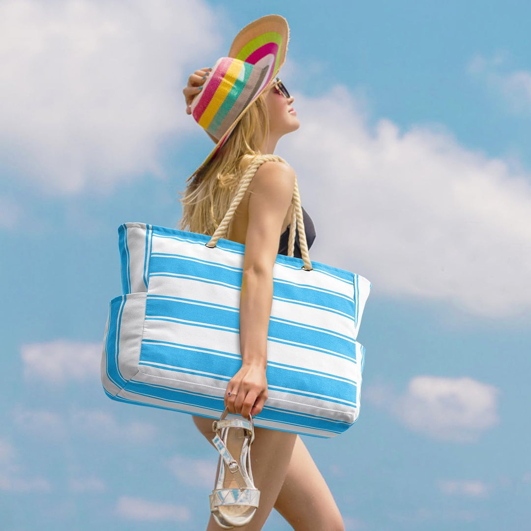Stylish oversized beach bag, waterproof & sandproof, holding towels, toys & essentials.