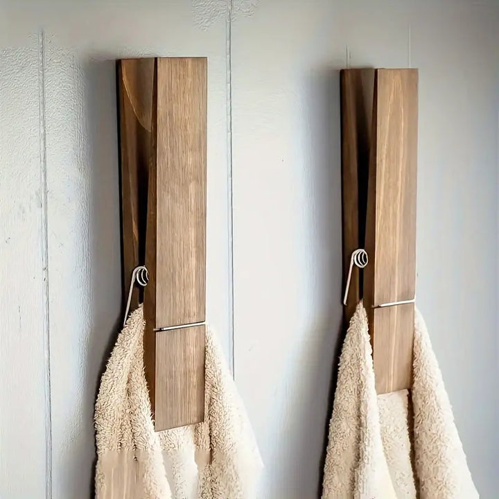 Modern solid wood towel clamps, versatile wall organizer hooks for kitchen, bathroom, entryway storage.