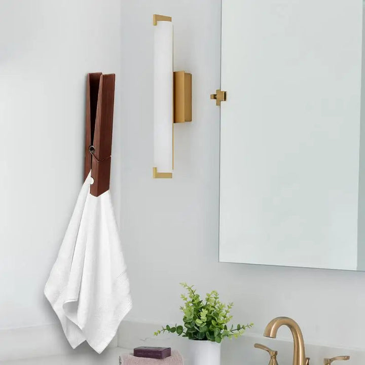 Set of oversized wooden towel clamps, natural solid wood hooks for modern bathroom & kitchen storage.