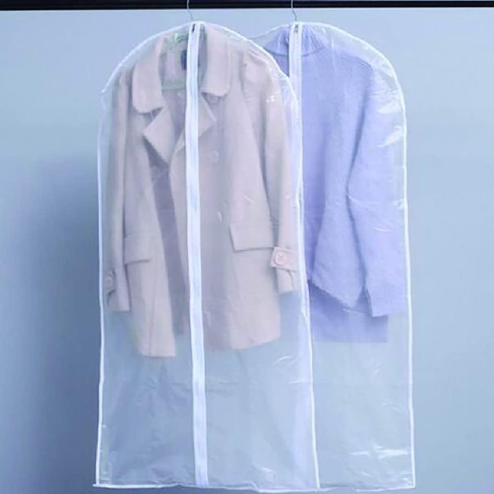 Reusable, dustproof clear garment bags for suit and dress protection in home storage.