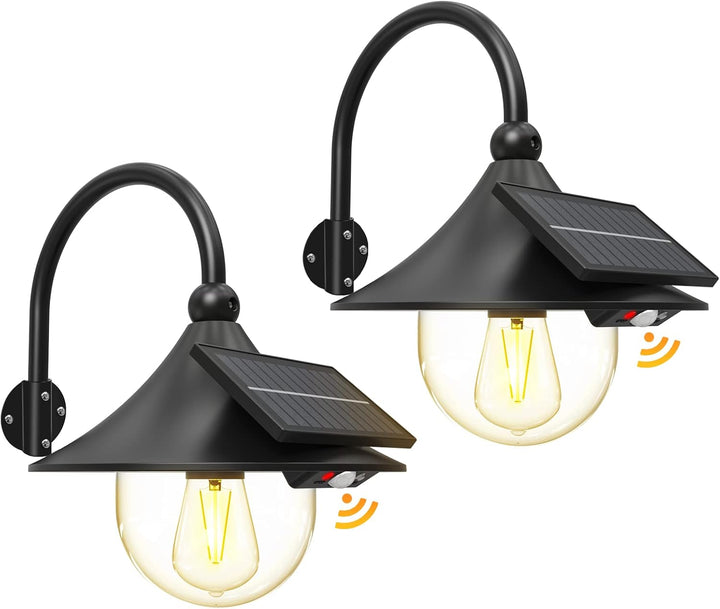 Pack of 2 solar barn wall lights with gooseneck design & motion sensor for outdoor use