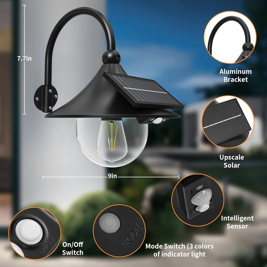Outdoor motion-sensing solar wall sconces, 2-pack with gooseneck style, for exterior lighting